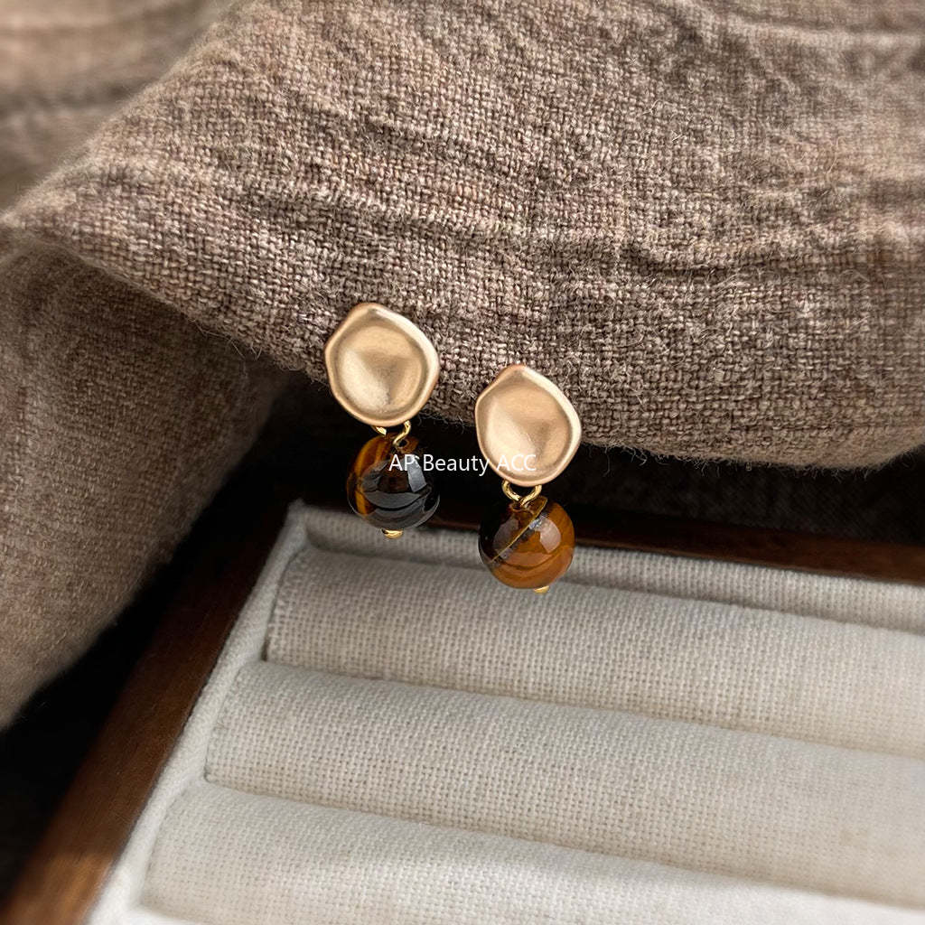 C관 - 925 은침 레트로 비정형 골드 천연석 호안석 귀걸이 [6994] 25.10-5