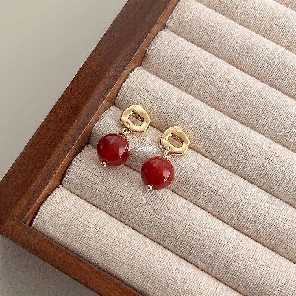 C관 - 핸드메이드 홍마노 레트로 14K 도금 은침 심플 귀걸이 [3628] 24.03-3