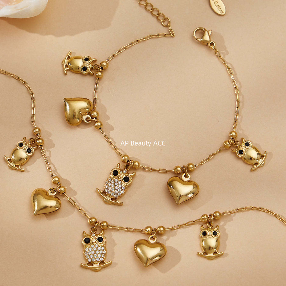 D관 - 스테인리스 스틸 18K 도금 부엉이 하트 큐빅 펜던트 목걸이 팔찌 [TXP528] 25.12-3