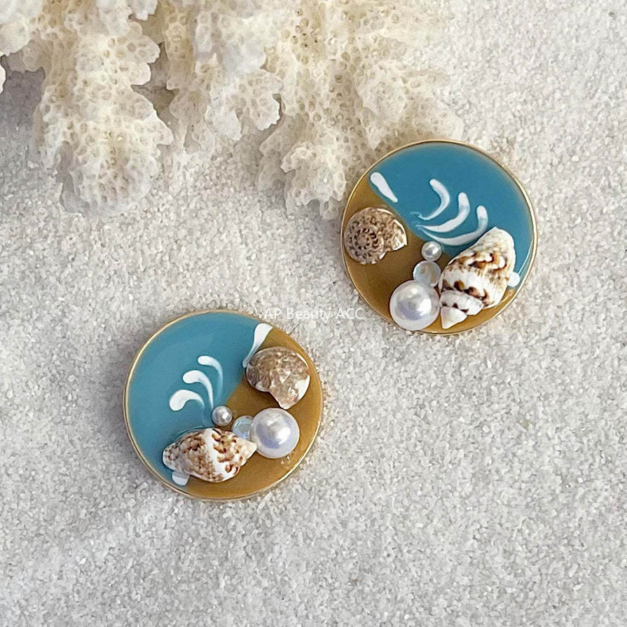 C관 - 소라 펜던트 담수 진주 바다 테마 14K 도금 귀걸이 [4368] 24.06-3