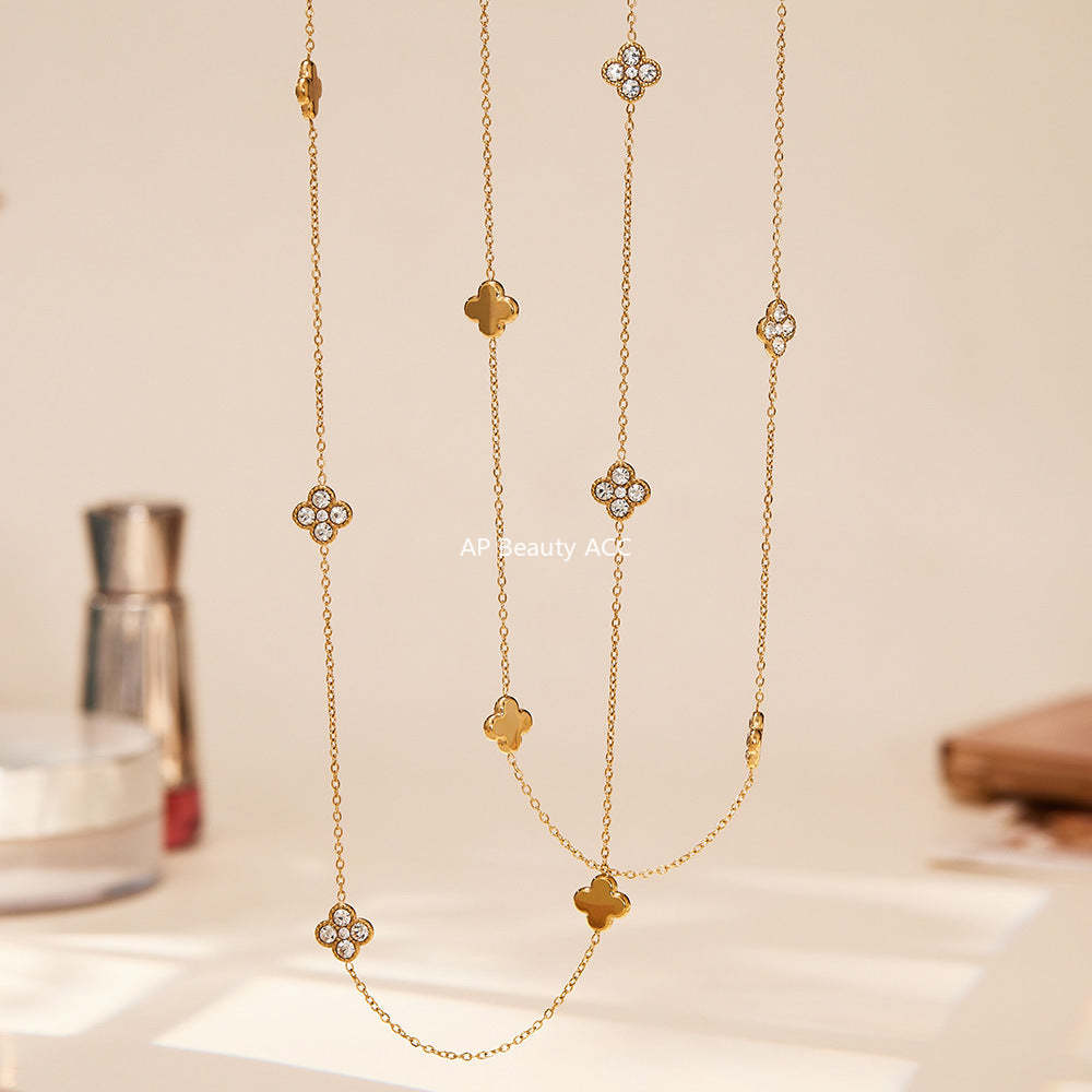 D관 - 클로버 플라워 풀큐빅 스테인리스 스틸 롱 목걸이 [M086] 25.11-3