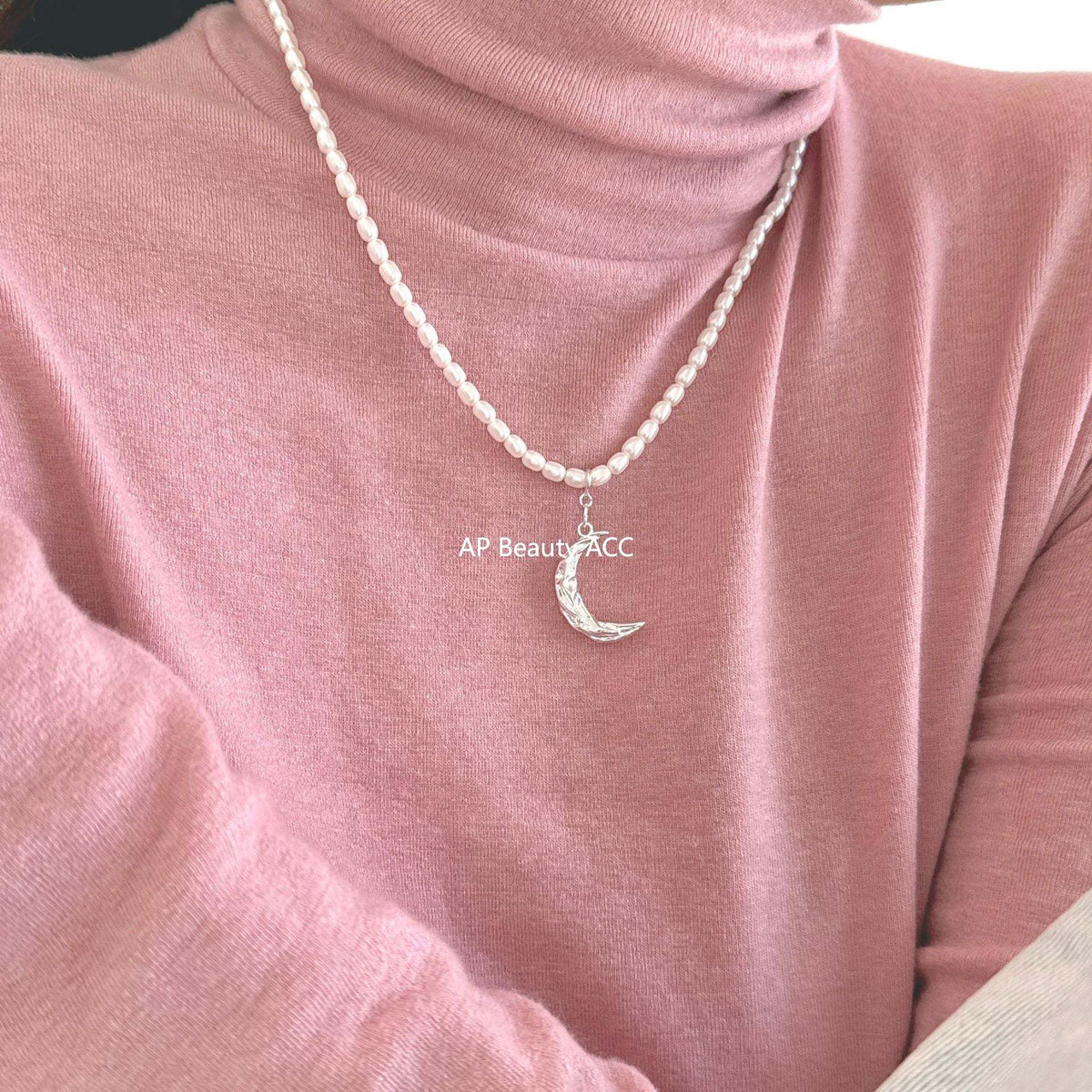 F관 - 925 실버 달 주름무늬 모조 진주 목걸이 [B869] 25.10-5