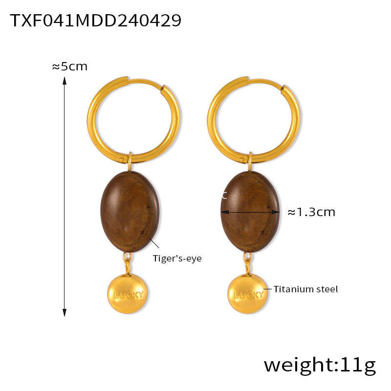 D관 - 레트로 천연 호안석 기하학적 타원 펜던트 티타늄 스틸 18K 도금 목걸이 귀걸이 [P041-F041] 24.05-1
