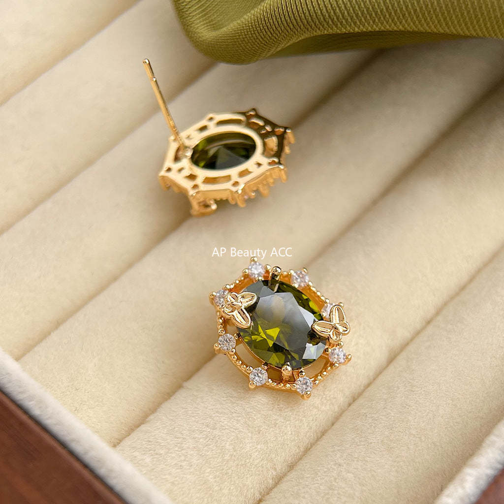 C관 - 14K 도금 925 은침 올리브 그린 큐빅 나비 귀걸이 [5586] 25.02-3