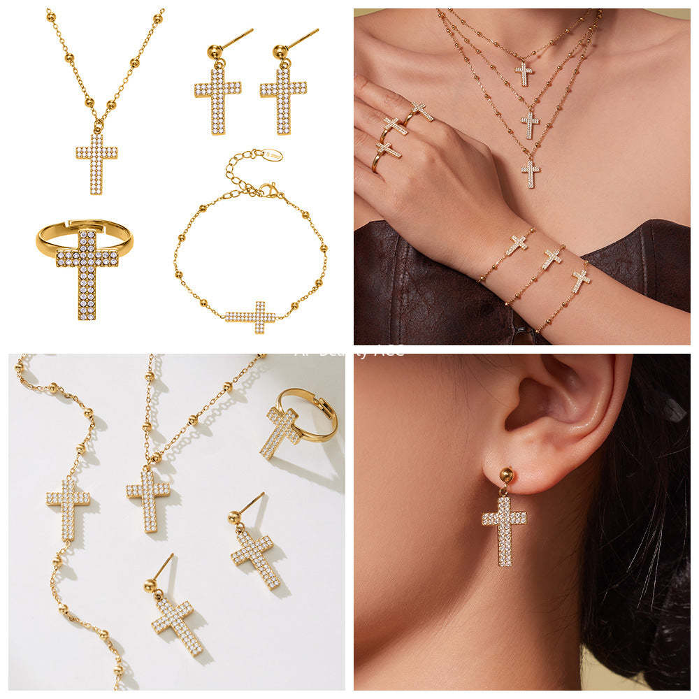 D관 - 스테인리스 스틸 십자가 큐빅 18K 도금 반지 귀걸이 팔찌 목걸이 [TXP503] 25.11-4