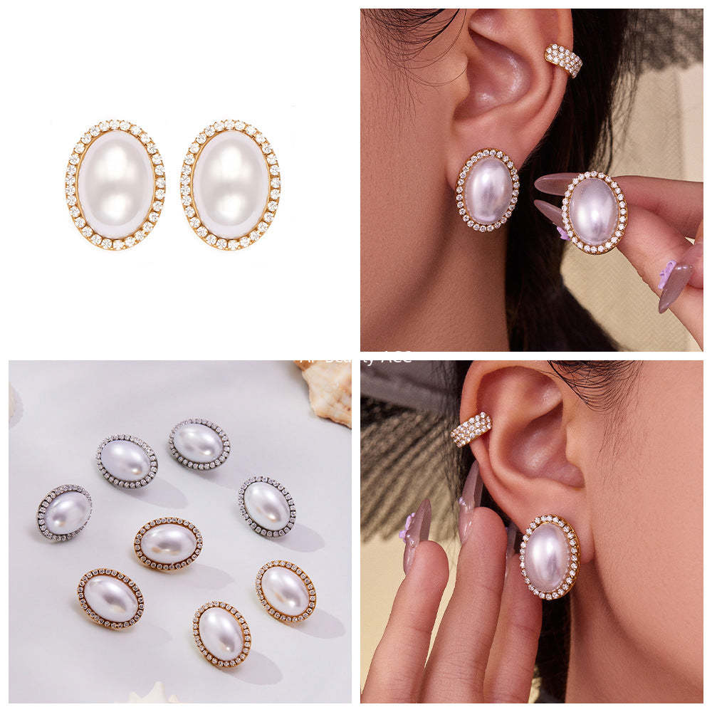 D관 - 스테인리스 18K 도금 타원형 자개진주 큐빅 귀걸이 [F793-F983] 25.10-5