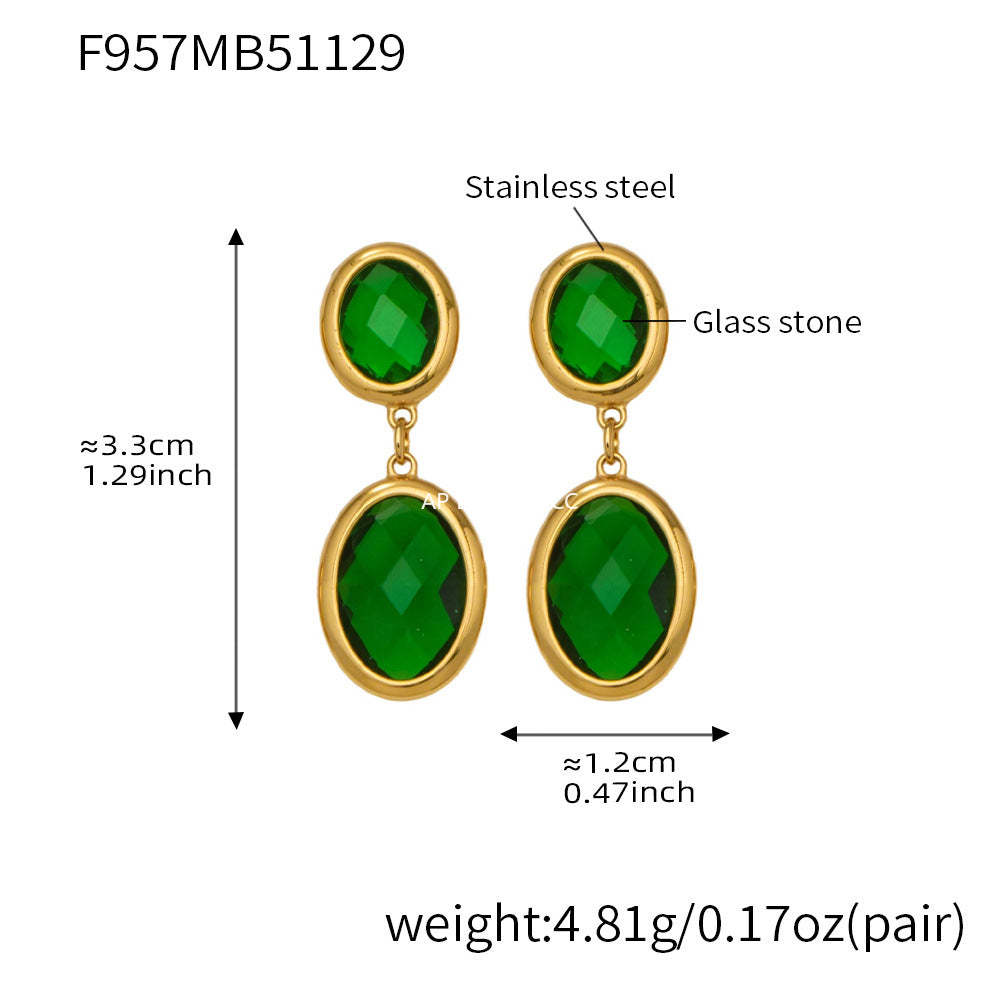 D관 - 스테인리스 스틸 18K 도금 타원 컷팅 글라스 스톤 펜던트 귀걸이 [F957] 25.12-1