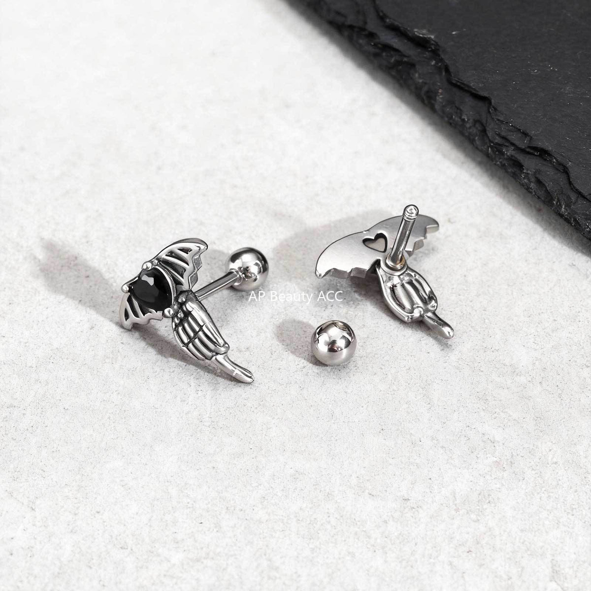 G관 - 스테인리스 스틸 하트 큐빅 날개 피어싱 귀걸이 [ES-769] 25.12-2