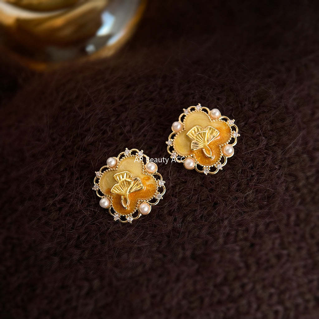 C관 - 925 은침 핸드페인팅 은행잎 진주 디자인 귀걸이 [6960] 25.10-4