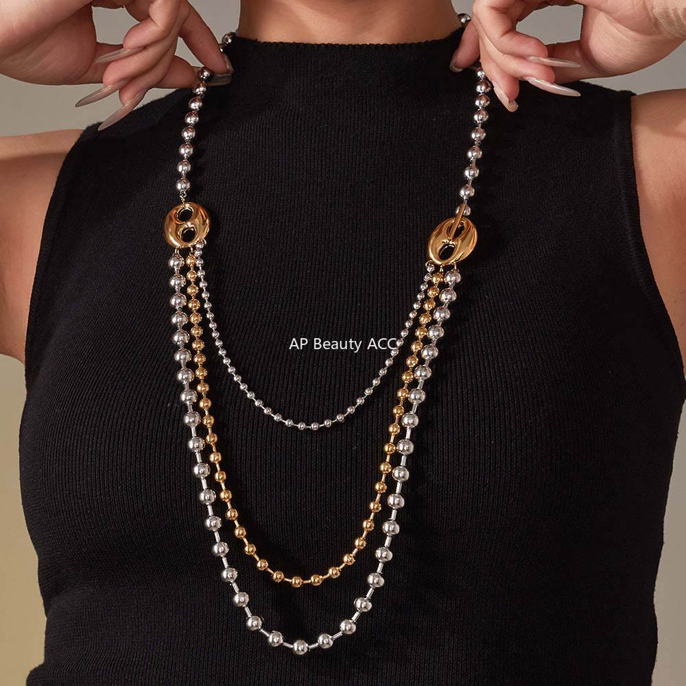 D관 - 투톤 하트 라운드 비즈 체인 레이어드 스테인리스 목걸이 [P1853] 25.11-3