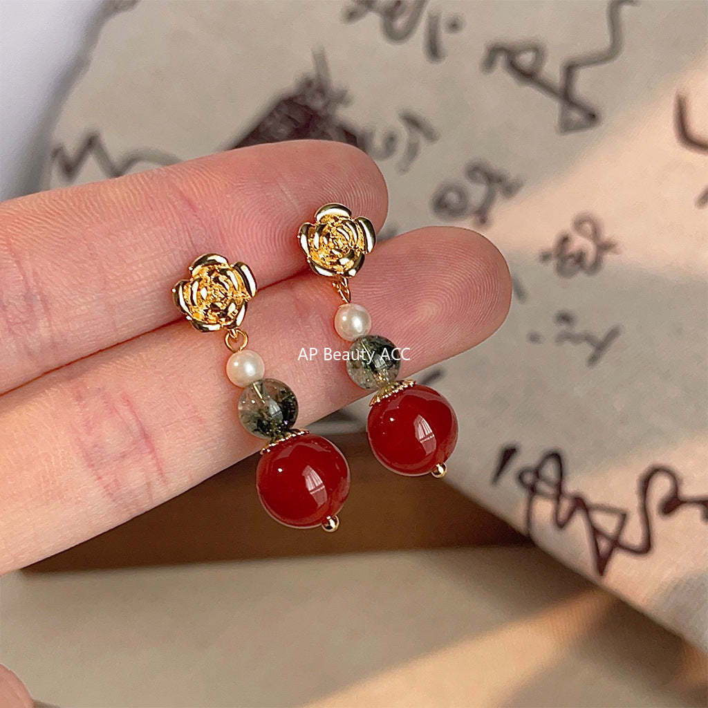 C관 - 14K 도금 홍마노 핸드메이드 복고풍 장미꽃 글라스 크리스탈 은침 귀걸이 [3759] 24.04-1
