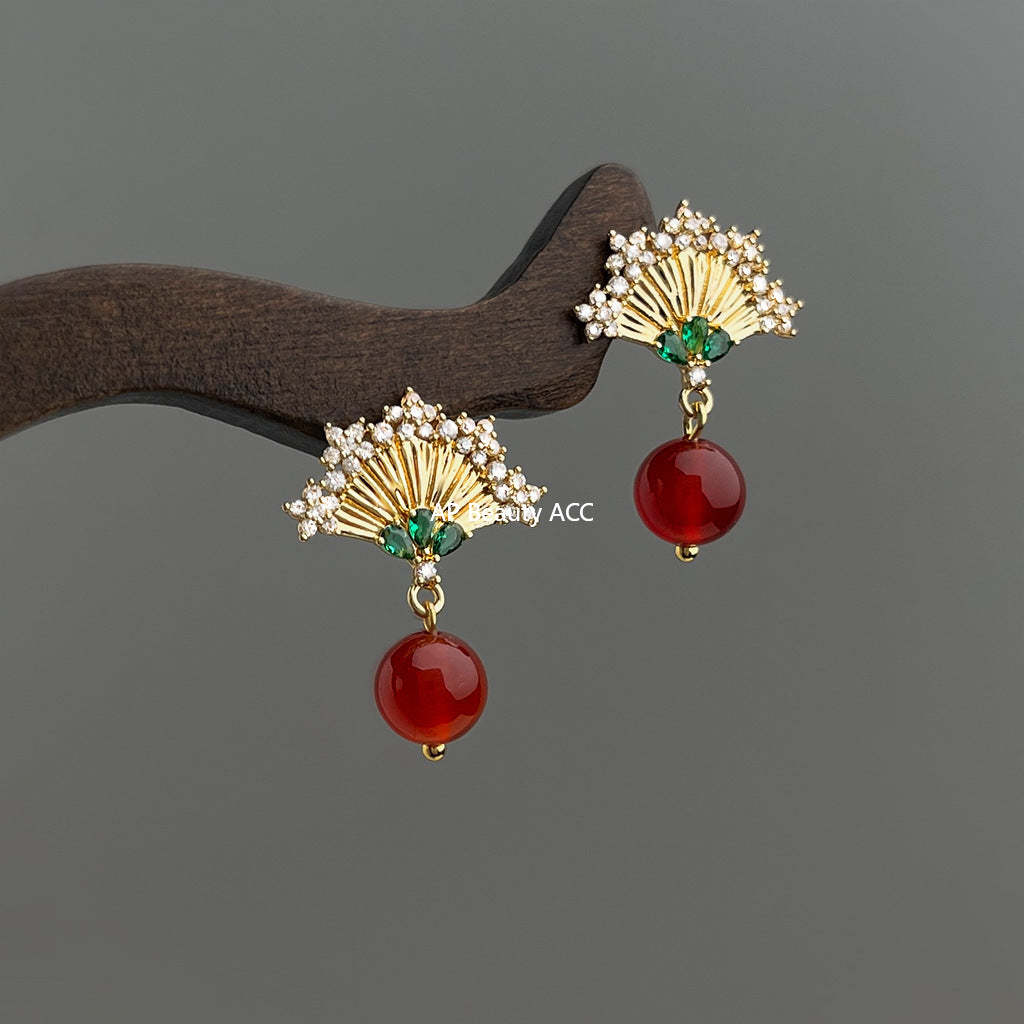 C관 - 925 은침 홍마노 부채 디자인 미니 큐빅 귀걸이 [7041] 25.11-1