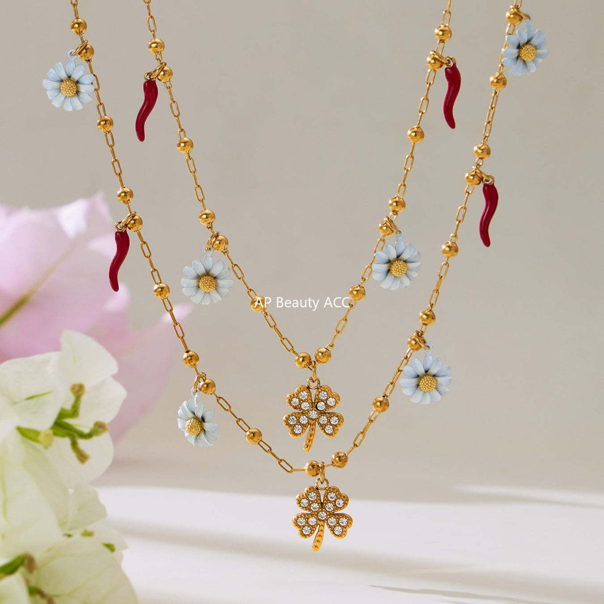 D관 - 스테인리스 스틸 네잎클로버 데이지 펜던트 큐빅 목걸이 팔찌 [TXP483] 25.11-4