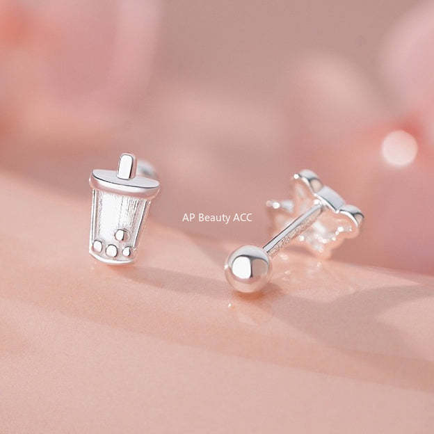 B관 - 999 실버 곰 밀크티 모양 피어싱 귀걸이 [YC9310E_1] 25.11-4