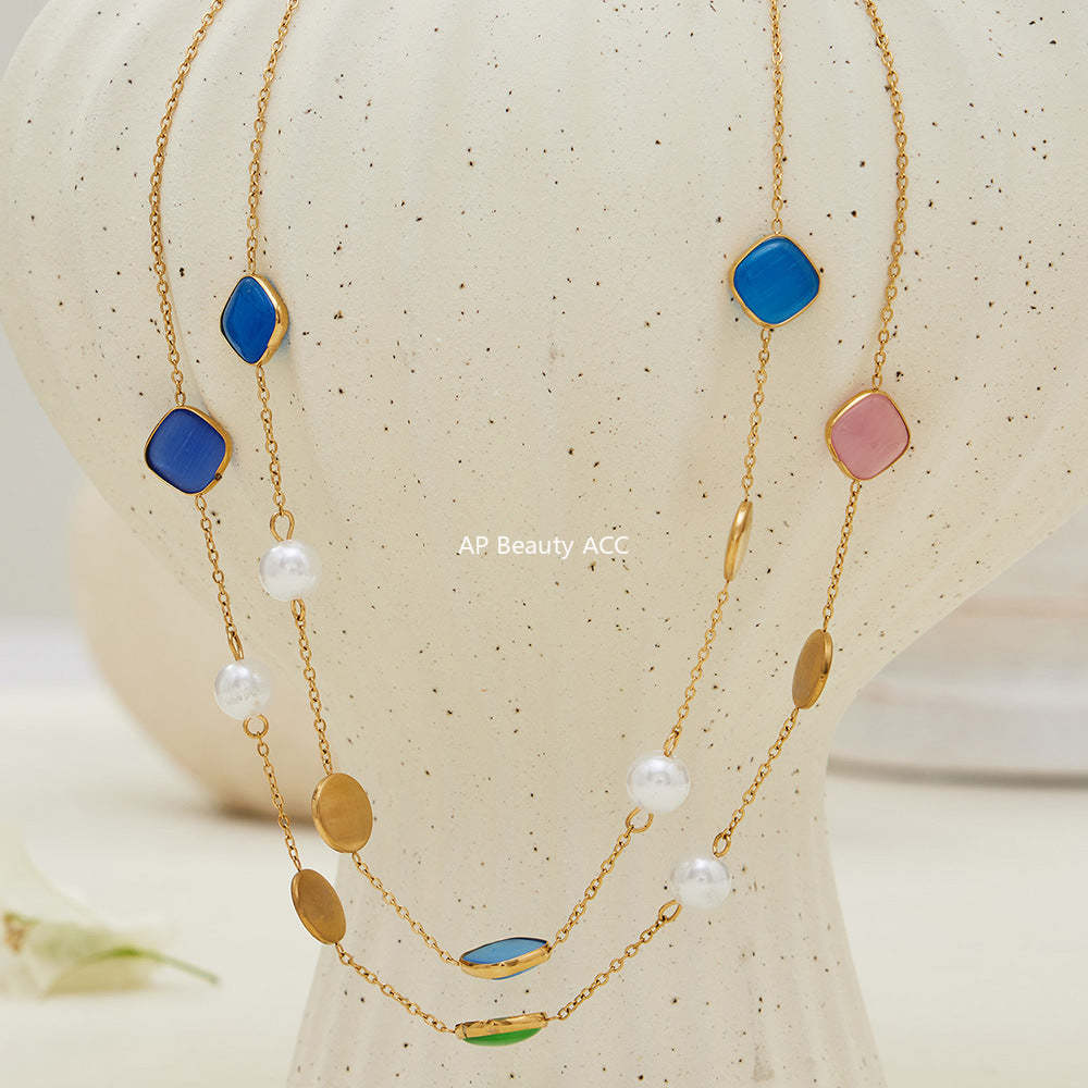 D관 - 묘안석 컬러 비즈 18K 도금 스테인리스 스틸 목걸이 [P822] 25.12-2