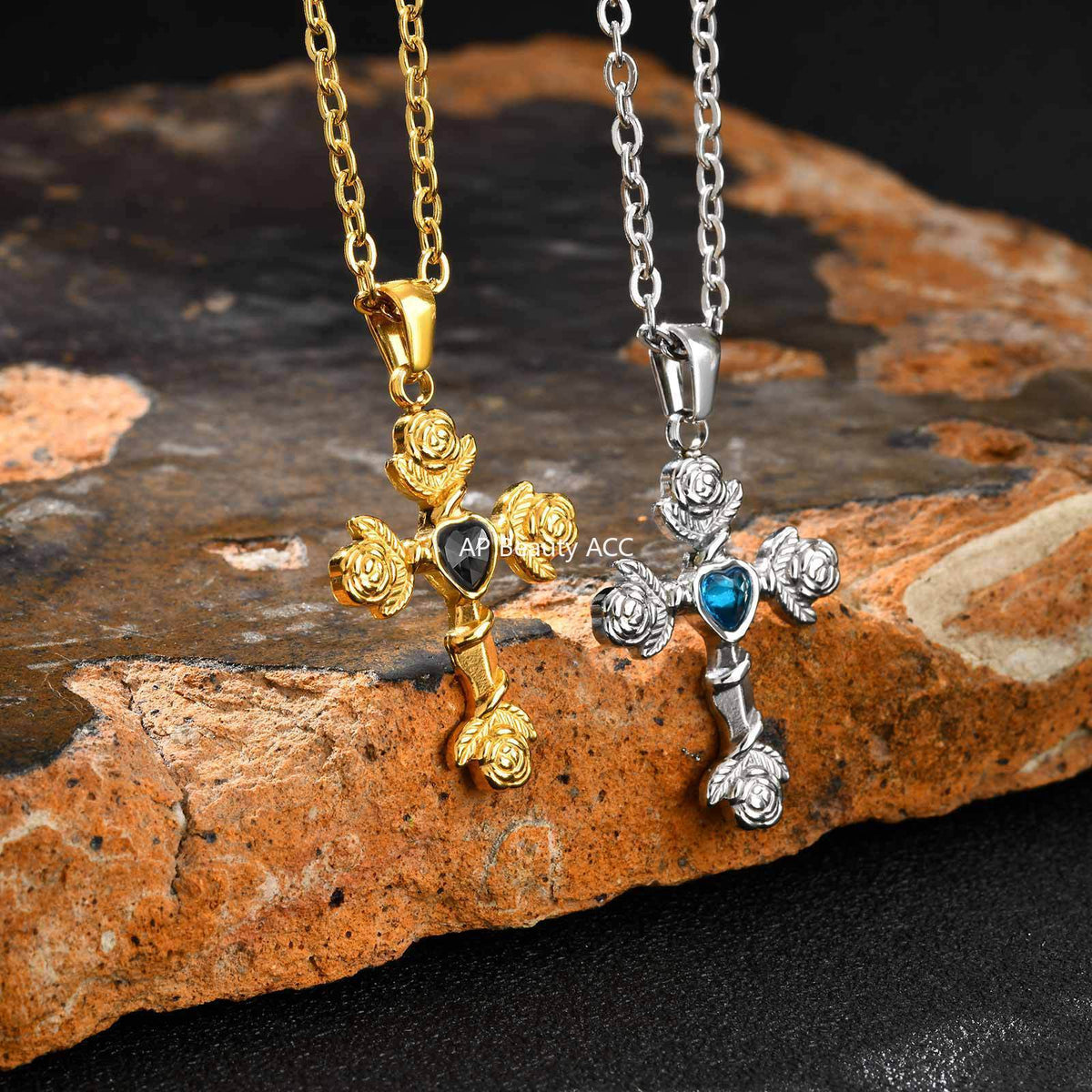 G관 - 스테인리스 스틸 하트 큐빅 장미 십자가 펜던트 목걸이 [PN-2240] 25.10-4