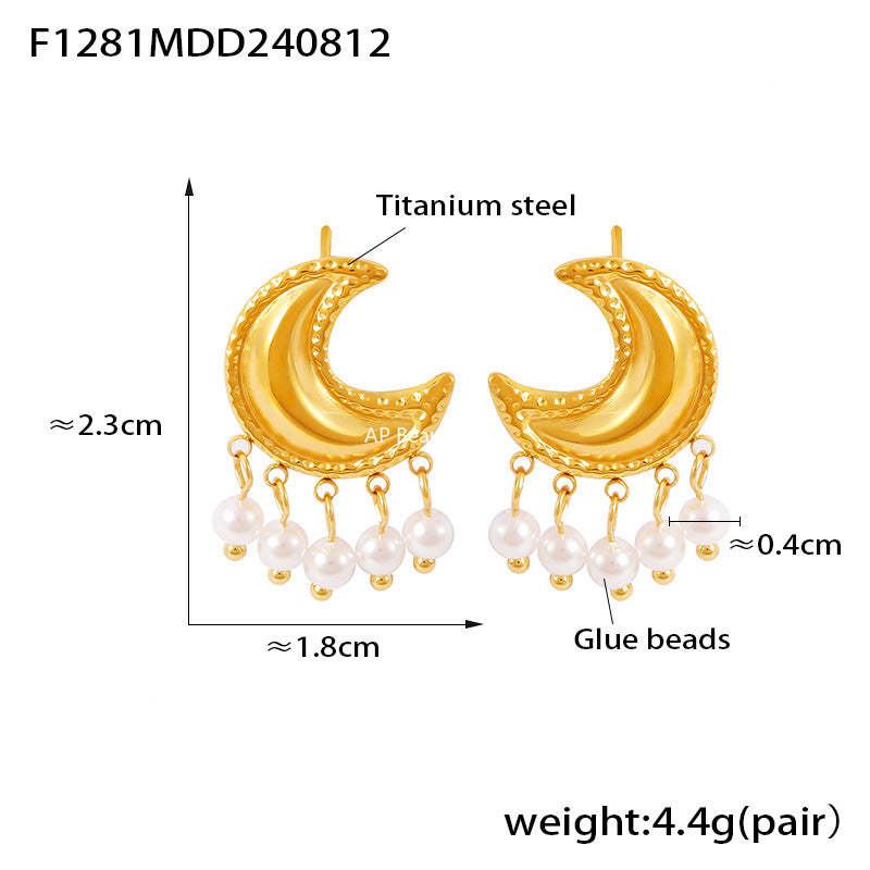 D관 - 티타늄 스틸 달 모양 프린지 진주 귀걸이 [F1281] 24.08-3