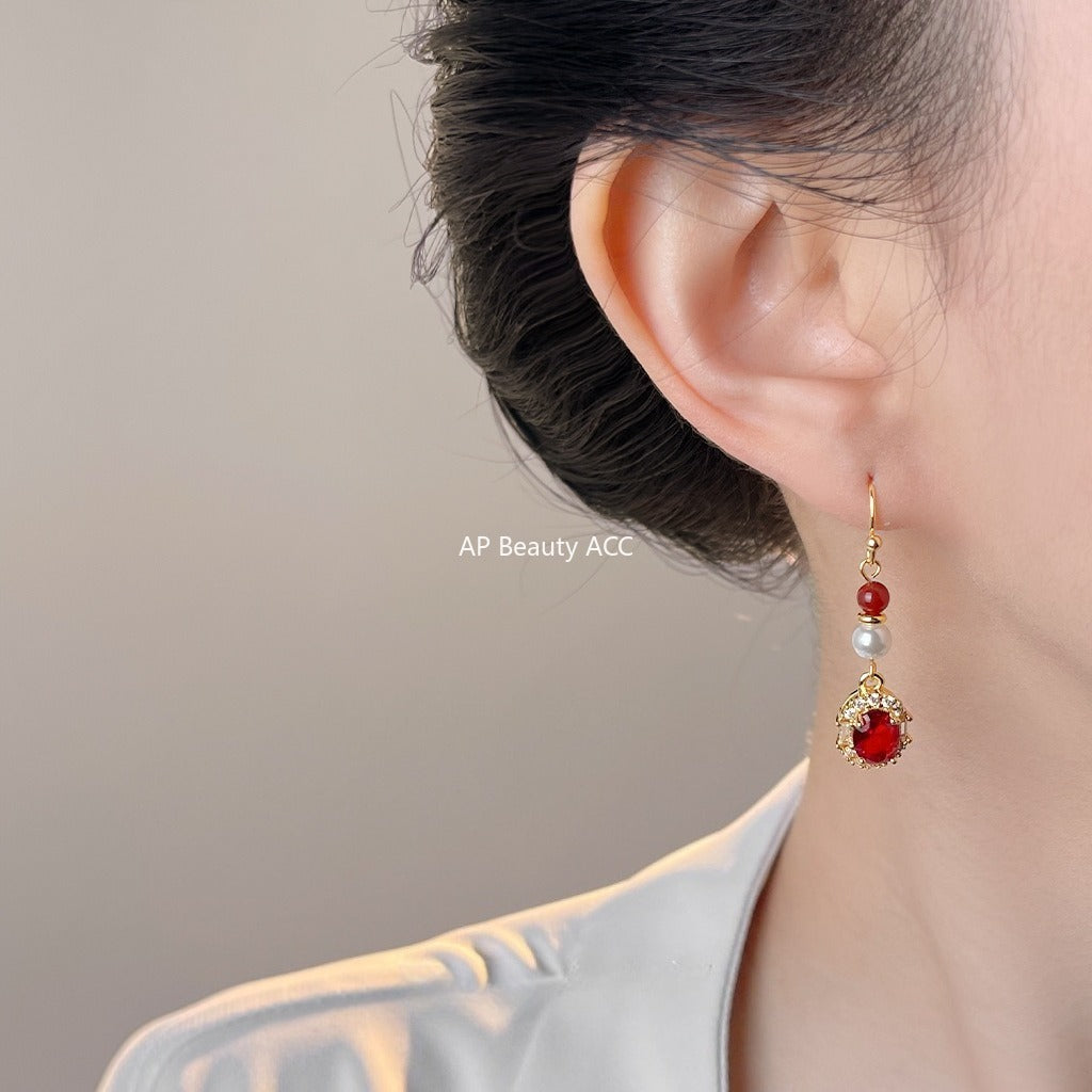 C관 - 풀큐빅 홍마노 진주 롱 드롭 핸드메이드 귀걸이 [7028] 25.11-1