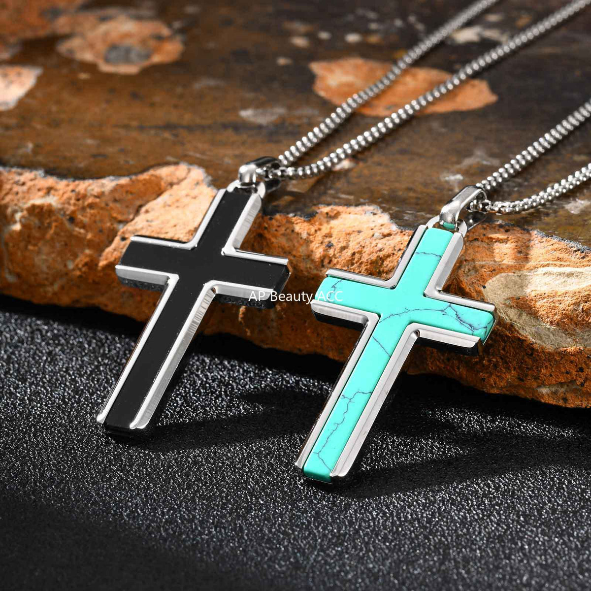 G관 - 스테인리스 스틸 십자가 터키석 호안석 펜던트 목걸이 [PN-2224] 25.12-2