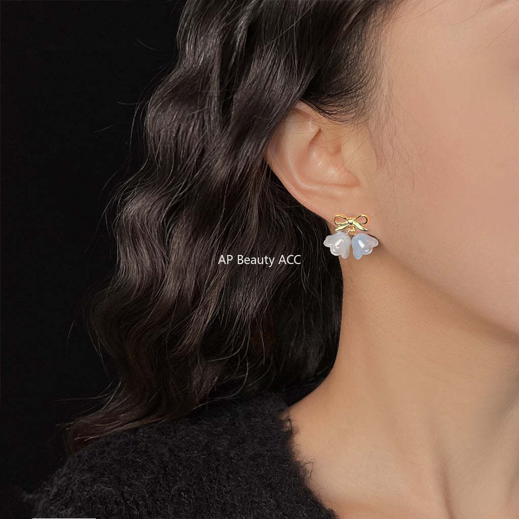 C관 - 14K 도금 925 은침 핸드메이드 은방울꽃 리본 플라워 귀걸이 [5596-5598] 25.02-3