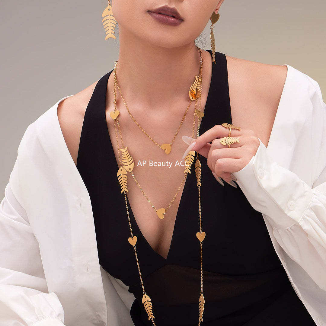 D관 - 스테인리스 18K 도금 물고기뼈 하트 디자인 목걸이 귀걸이 반지 [TXP459] 25.10-5