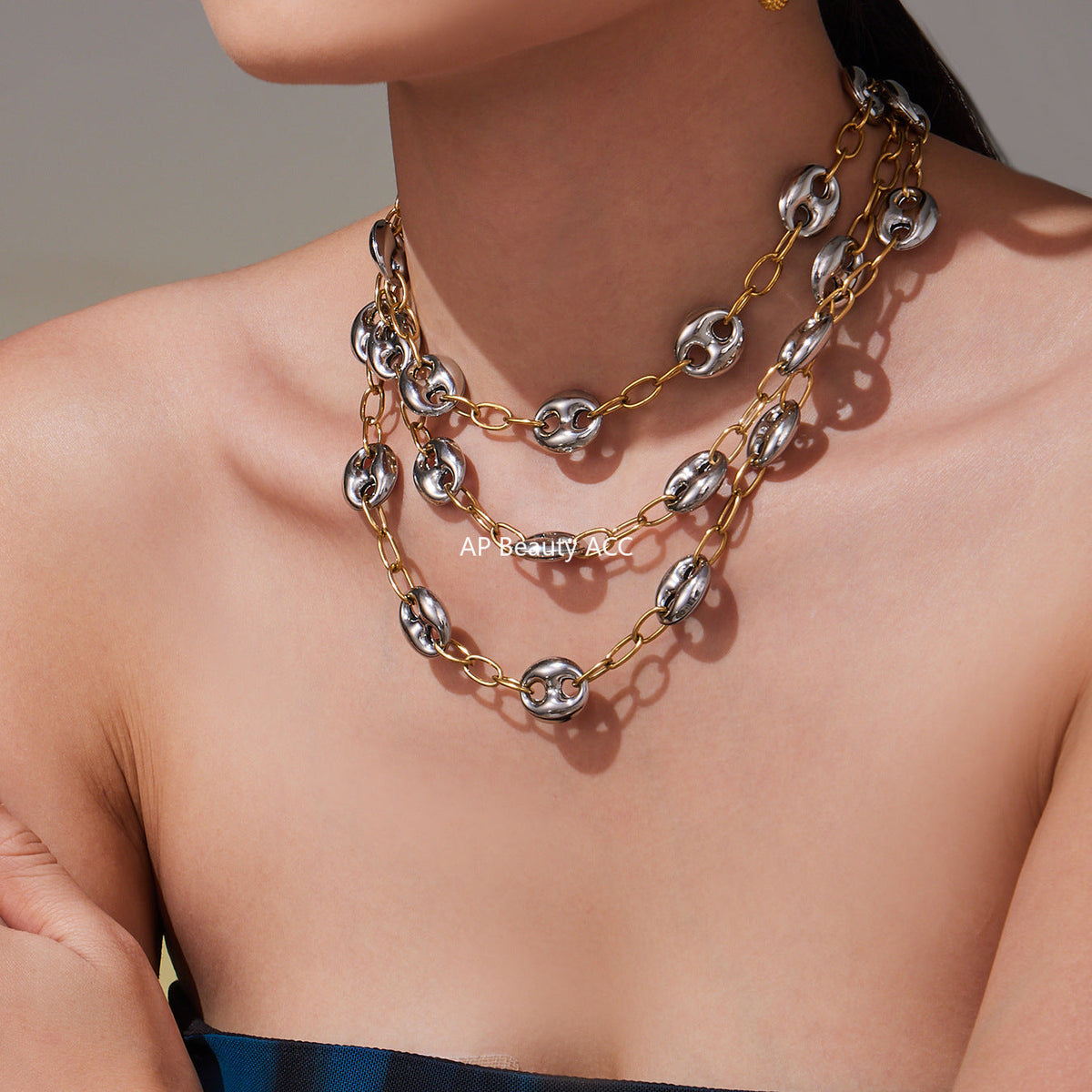 D관 - 스테인리스 스틸 투톤 더블 원형 볼드 체인 목걸이 [P1439] 25.10-1