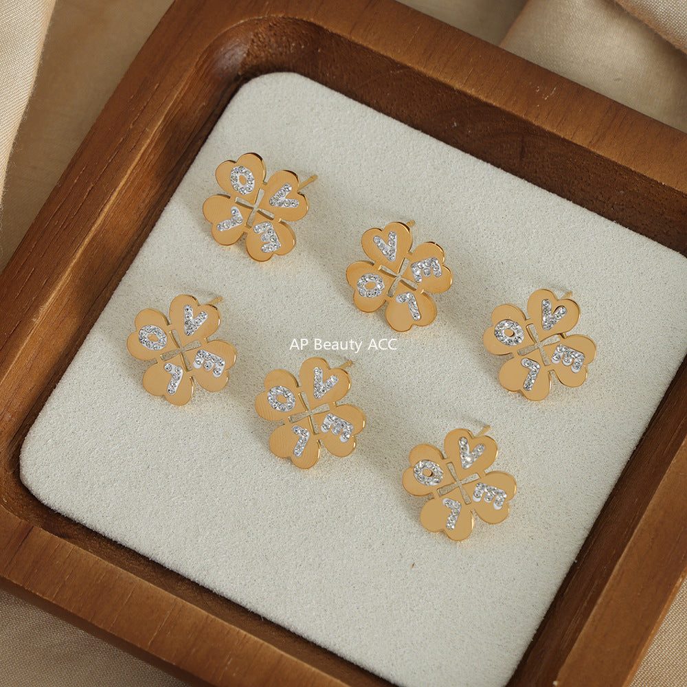 D관 - 티타늄 스틸 네잎클로버 큐빅 LOVE 레터링 귀걸이 [F394] 25.10-1