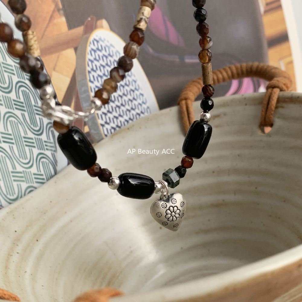 A관 - 925 실버 비즈 하트 플라워 펜던트 천연석 핸드메이드 목걸이 [1607] 25.11-2