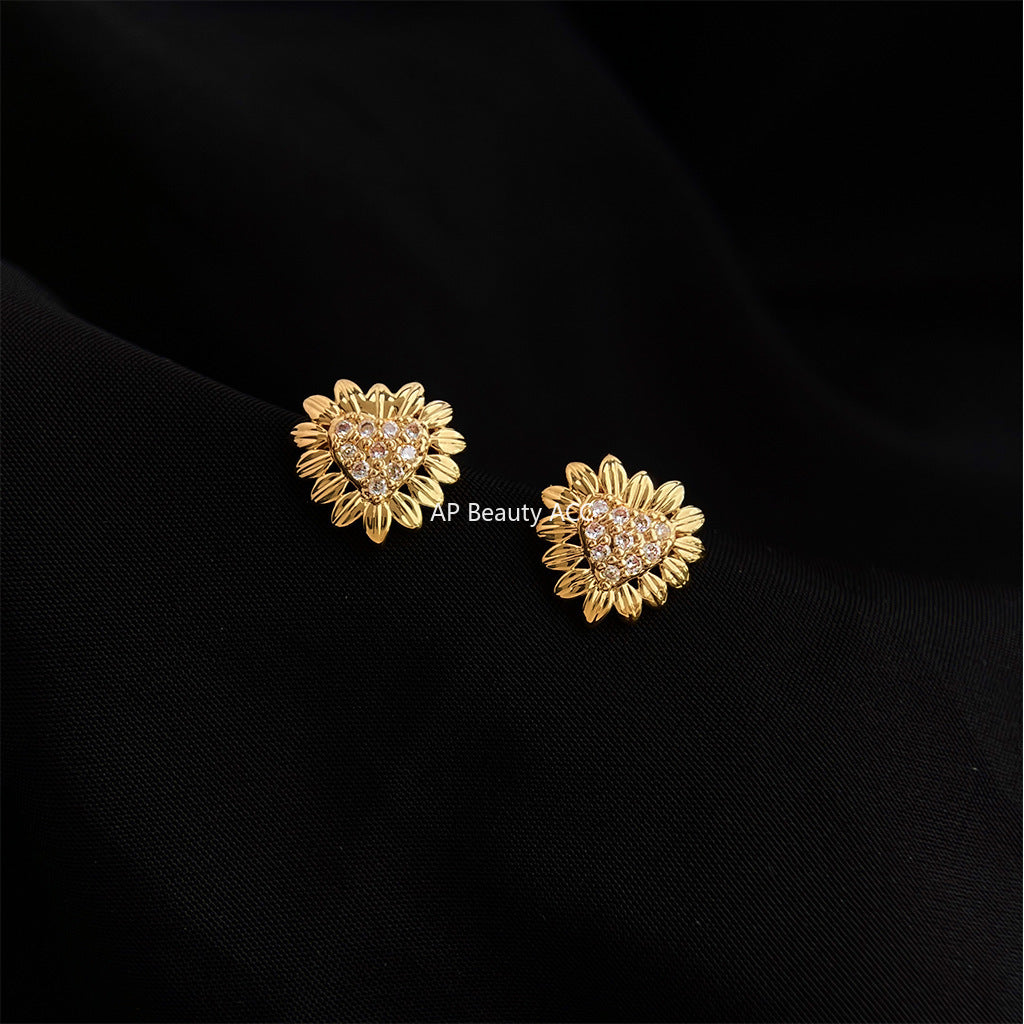 C관 - 14K 도금 미니 하트 해바라기 큐빅 은침 귀걸이 [5766] 25.04-1