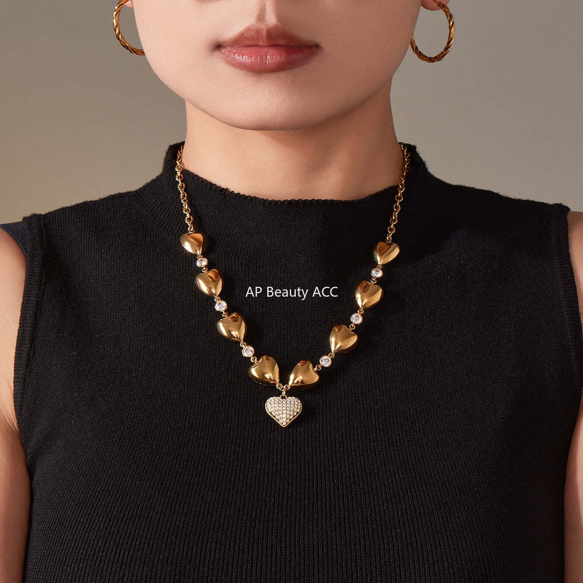 D관 - 풀큐빅 하트 디자인 스테인리스 18K 도금 목걸이 [P1344] 25.11-3