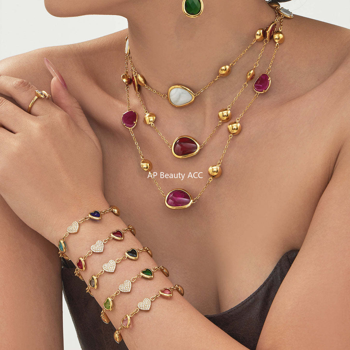 D관 - 컬러 레진 큐빅 하트 18K 도금 스테인리스 스틸 목걸이 팔찌 [TXP515] 25.12-2