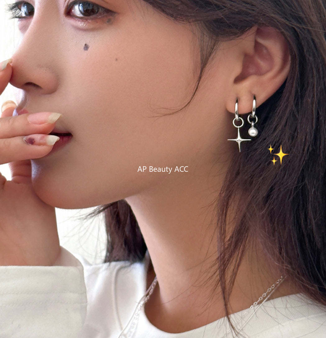 A관 - 925 은침 사각 별 진주 펜던트 언밸런스 귀걸이 [EH-2386] 25.01-3