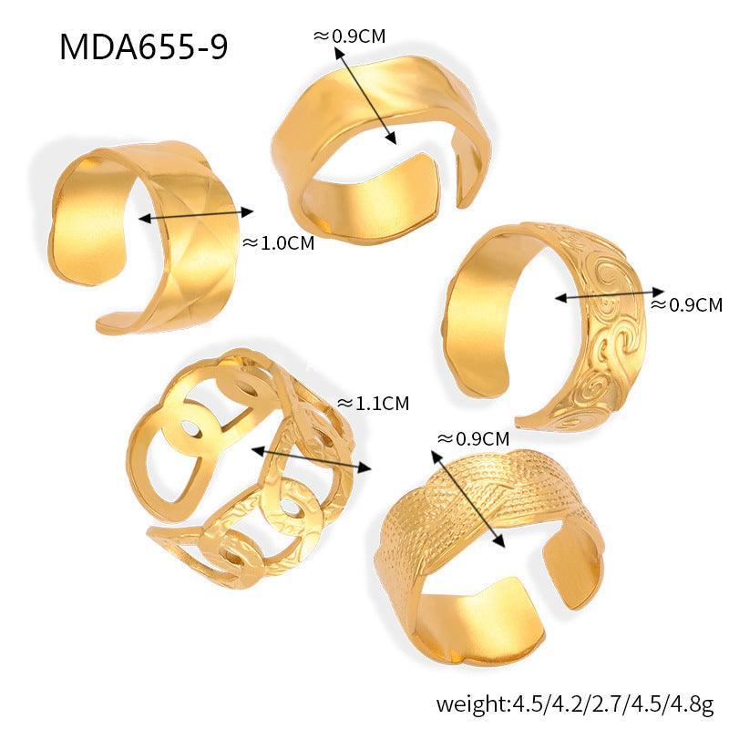 D관 - 트렌디 유니크 미니멀 기하학적 텍스처 티타늄 스틸 골드 도금 와이드 오픈 반지 [A655-A659] 24.03-3