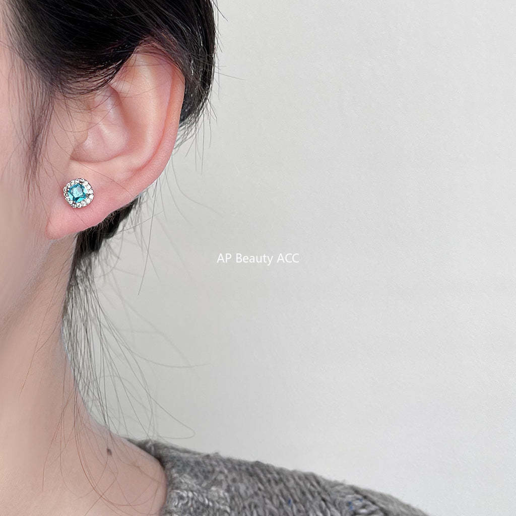 C관 - 미니 큐빅 해양 블루 기하학 은침 귀걸이 [3723] 24.04-1