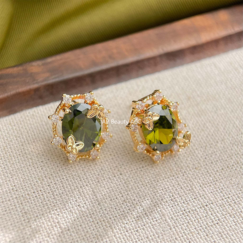 C관 - 14K 도금 925 은침 올리브 그린 큐빅 나비 귀걸이 [5586] 25.02-3
