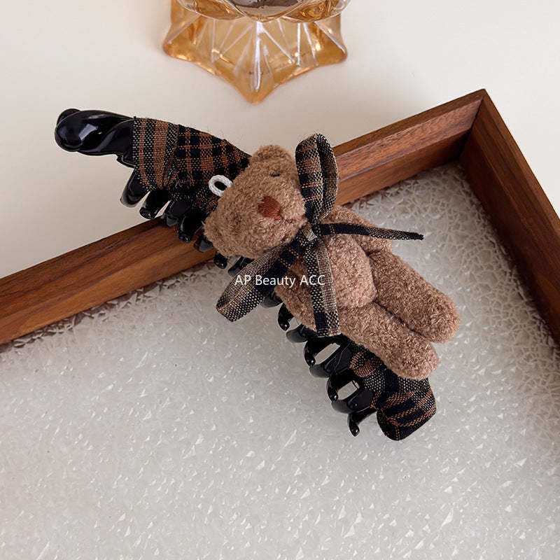 E관 - 체크 패브릭 리본 곰돌이 대형 집게핀 [27722] 25.11-4