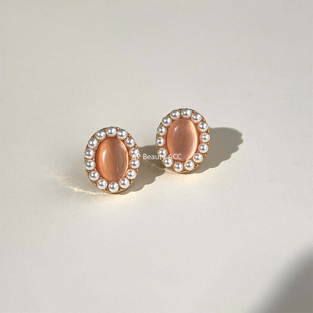 C관 - 글라스 묘안석 타원형 기하학 프렌치 복고풍 14K 도금 귀걸이 [4507] 24.07-2