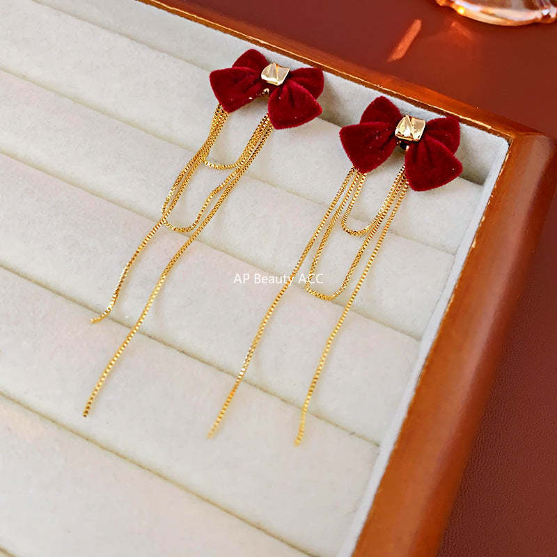 C관 - 순금 도금 은침 벨벳 리본 태슬 귀걸이 우아한 레트로 귀걸이 [E18503] 24.01-3