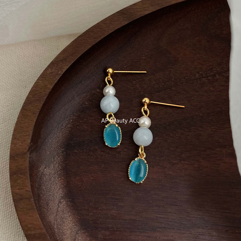 C관 - 글래스 묘안석 핸드메이드 진주 아쿠아마린 귀걸이 [5582] 25.02-3