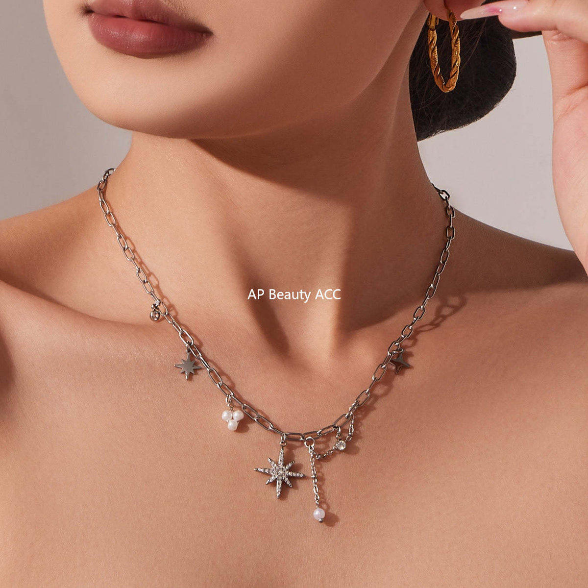 D관 - 스테인리스 스틸 팔각별 큐빅 펜던트 18K 도금 핸드메이드 목걸이 [P1154] 25.11-4