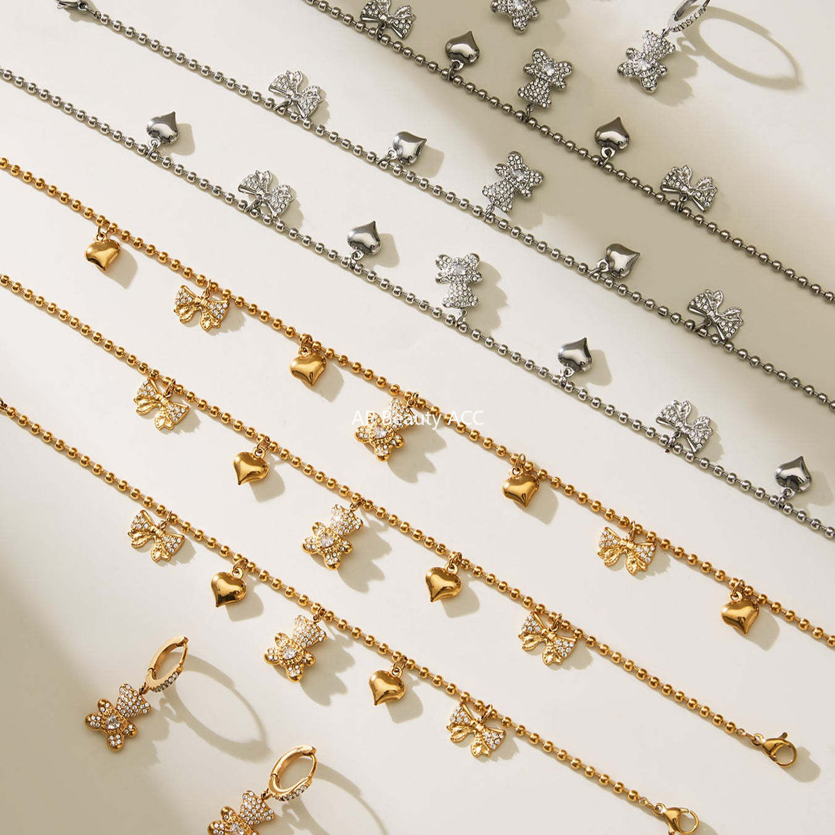 D관 - 스테인리스 스틸 곰 리본 하트 풀큐빅 펜던트 목걸이 팔찌 귀걸이 [TXP500] 25.11-4