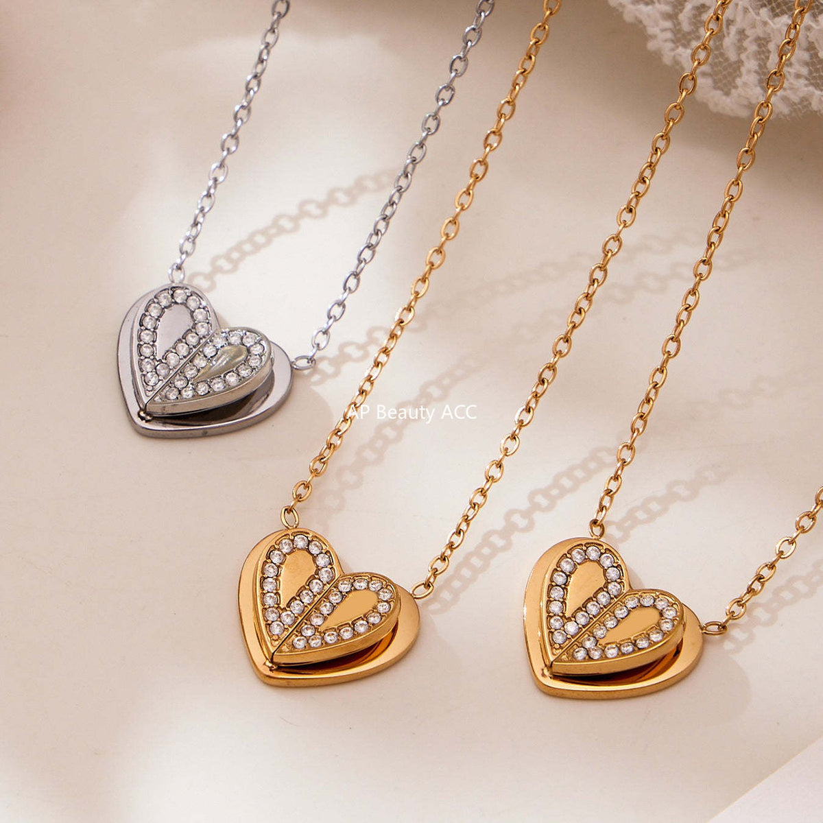 D관 - 18K 도금 스테인리스 스틸 큐빅 더블 하트 반지 귀걸이 목걸이 [TXP446] 25.10-4