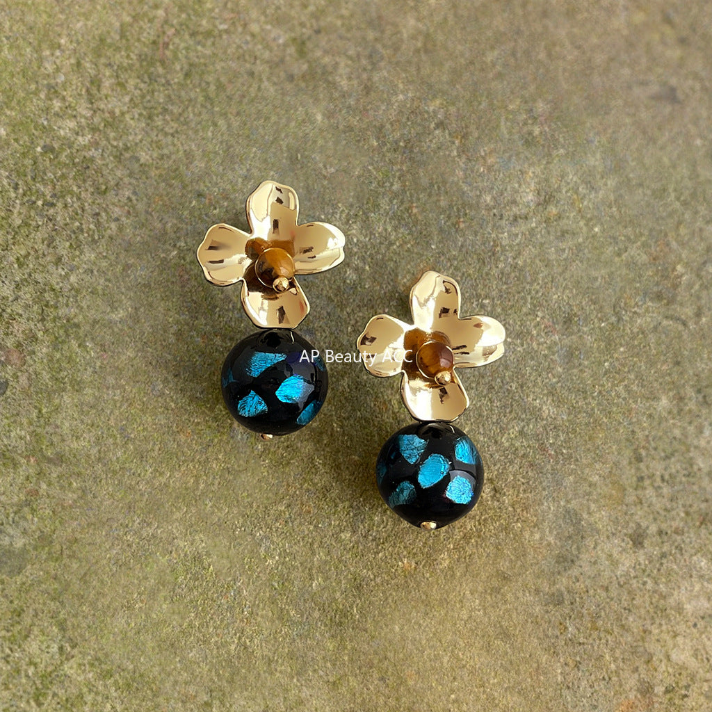 C관 - 925 은침 플라워 핸드메이드 호안석 글라스 귀걸이 [6926] 25.10-3