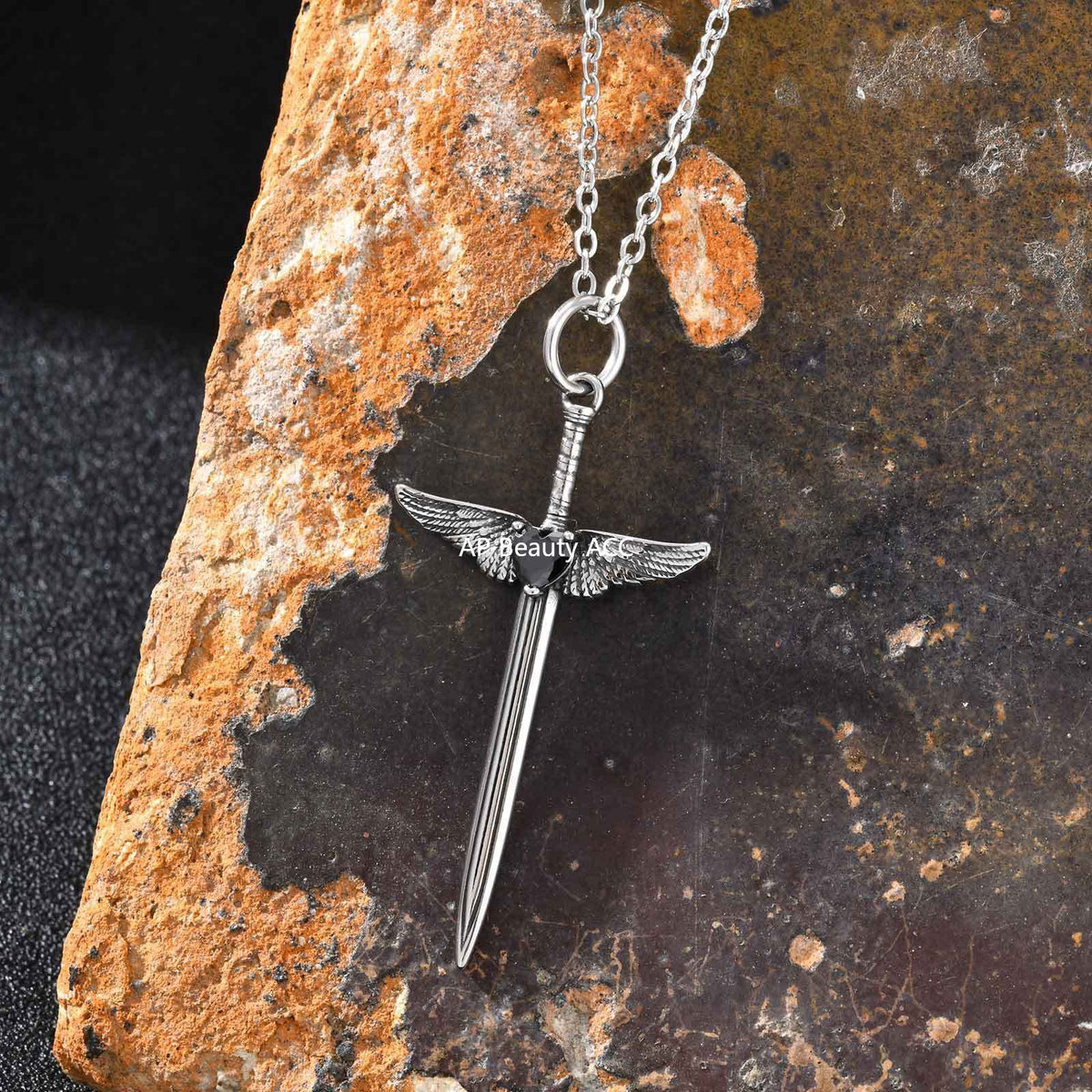 G관 - 스테인리스 스틸 블랙 소드 날개 펜던트 목걸이 [PN-2245] 25.10-4