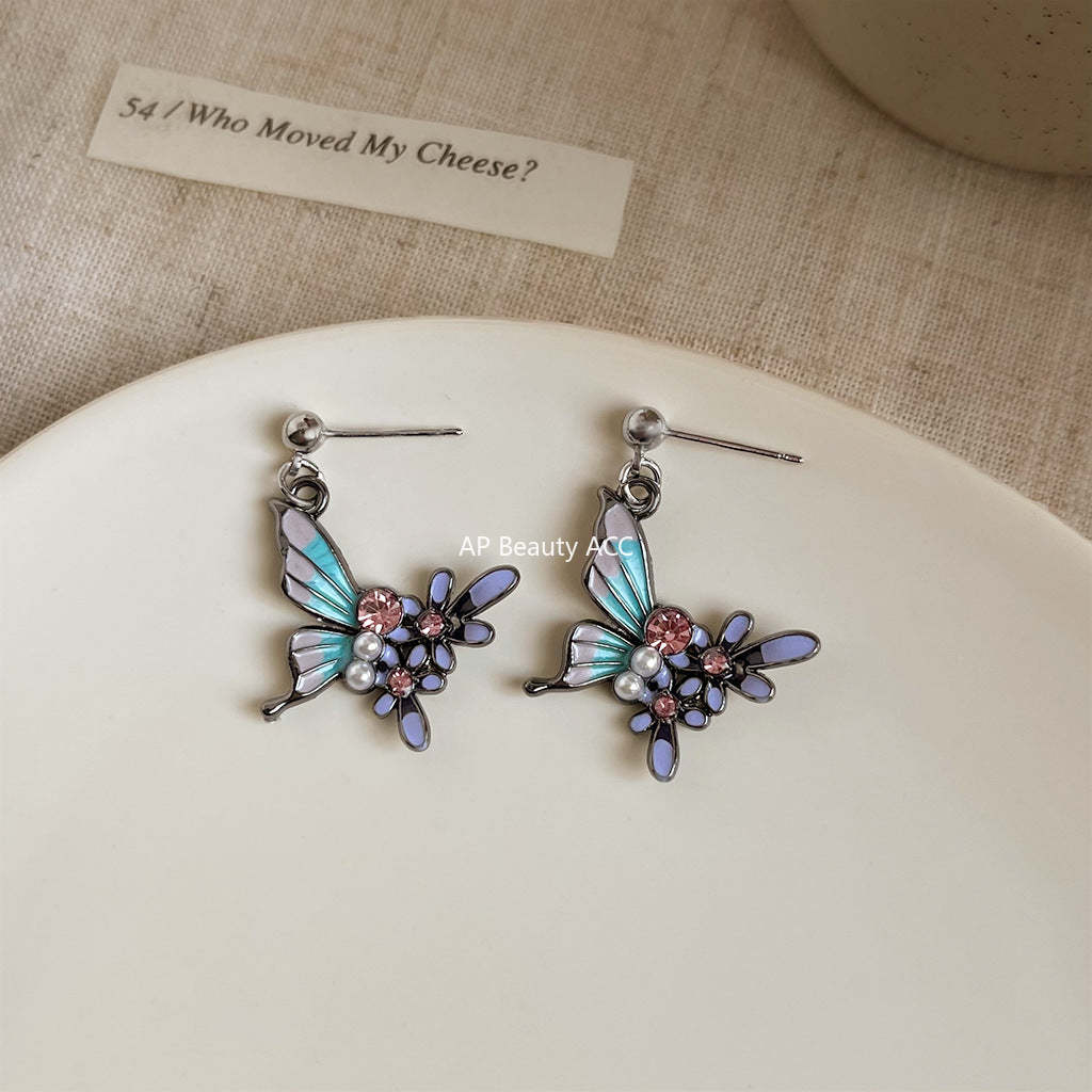C관 - 에나멜 글레이징 컬러 나비 큐빅 진주 귀걸이 [5773] 25.03-4
