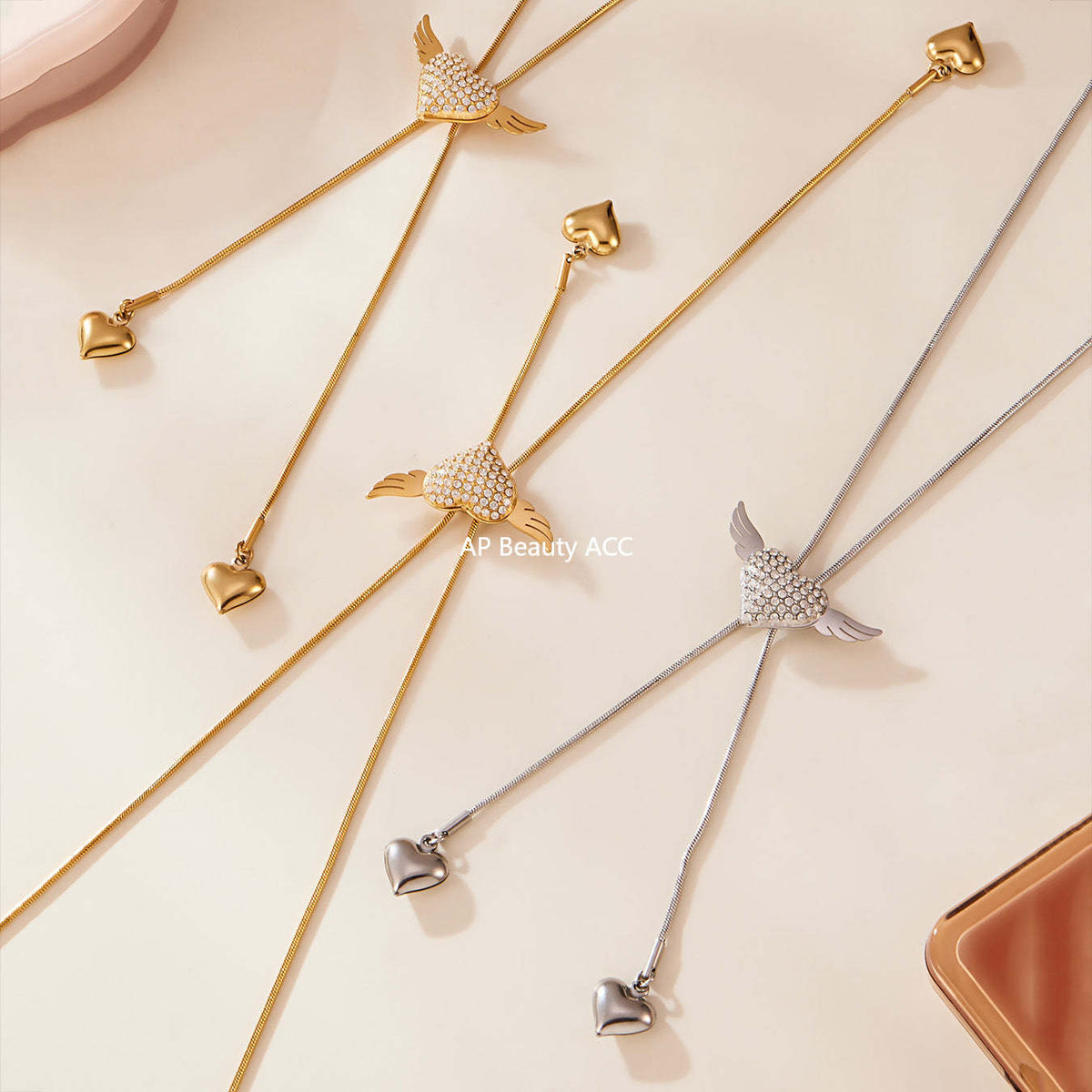 D관 - 큐빅 하트 날개 태슬 조절형 스테인리스 스틸 목걸이 [P1870] 25.11-3
