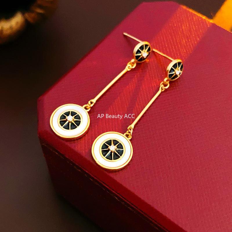 C관 - 레트로 18K 도금 은침 큐빅 원형 자개 유니크 귀걸이 [E374] 24.03-2