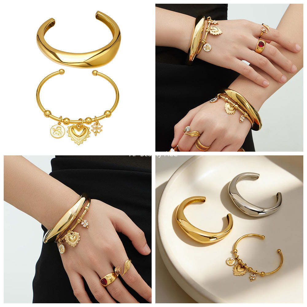 D관 - 볼드 하트 펜던트 18K 도금 스테인리스 스틸 오픈 팔찌 [Z516-Z517] 25.12-2