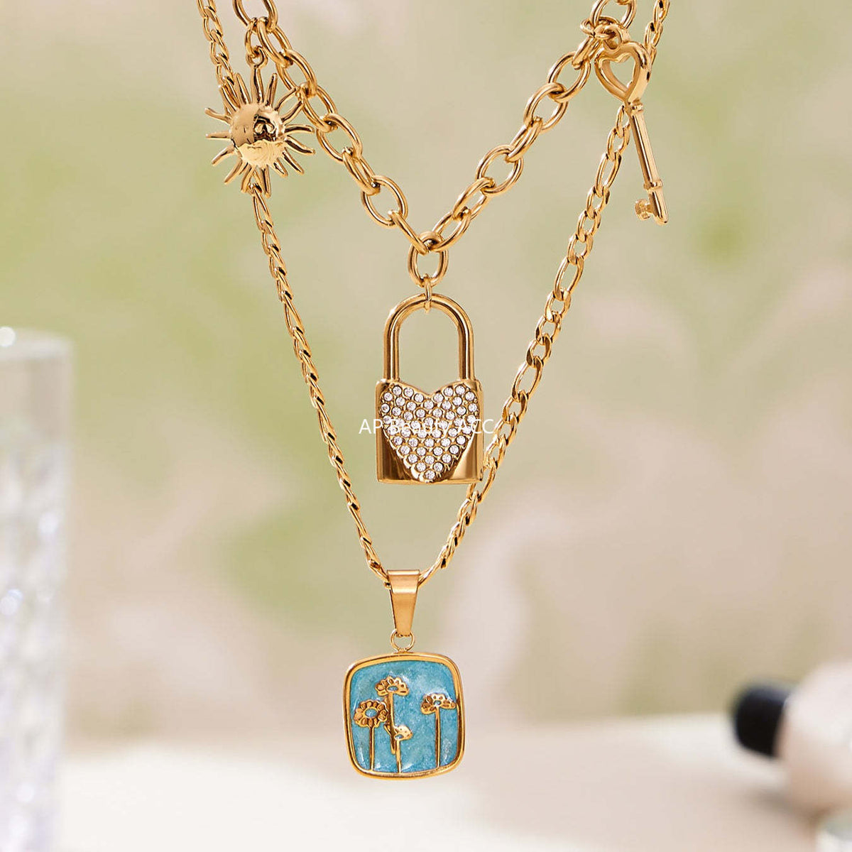 D관 - 18K 도금 스테인리스 스틸 큐빅 자물쇠 스퀘어 펜던트 목걸이 [P1322] 25.10-4