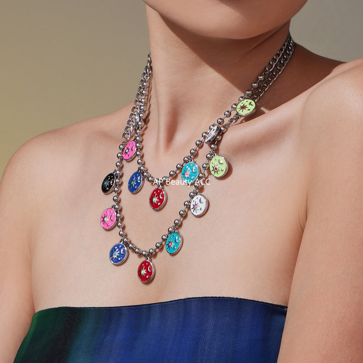 D관 - 스테인리스 스틸 에나멜 해 달 원형 펜던트 목걸이 [P158] 25.10-3